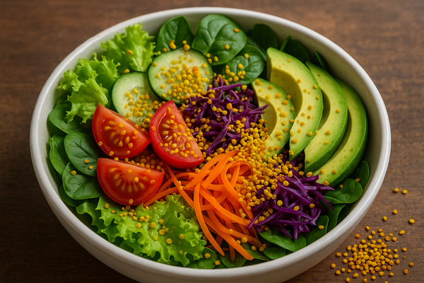 bee pollen sprinkled on a vibrant salad